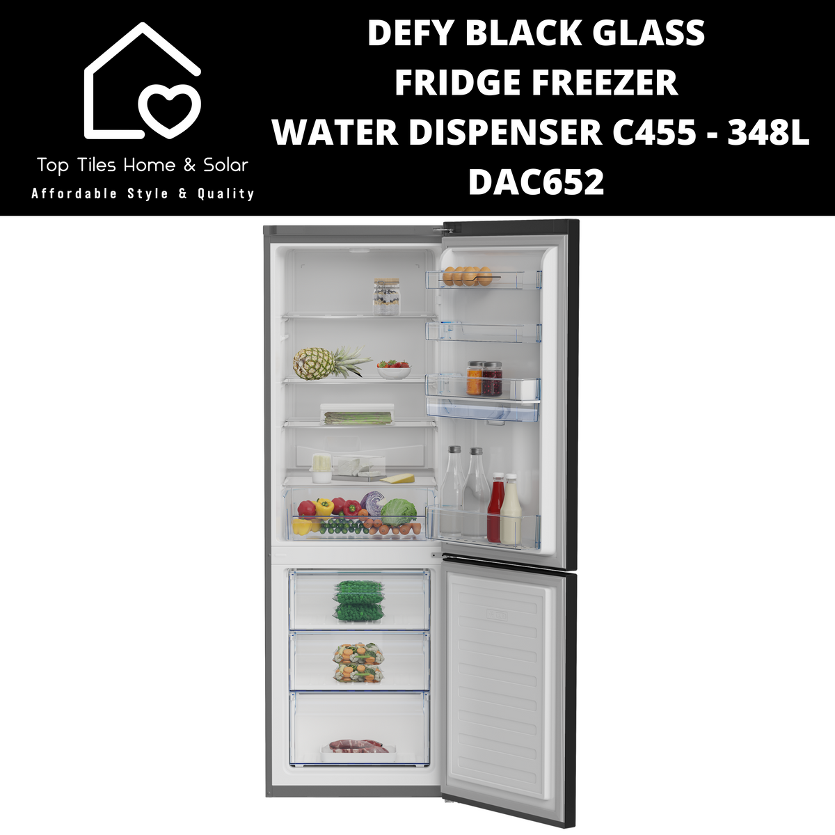 Defy Black Glass Combi Fridge Freezer Water Dispenser C455 348l Dac6 Top Tiles Home And Solar 5185