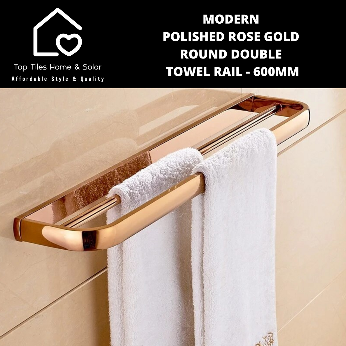 Modern Polished Rose Gold Round Double Towel Rail - 600mm – Top