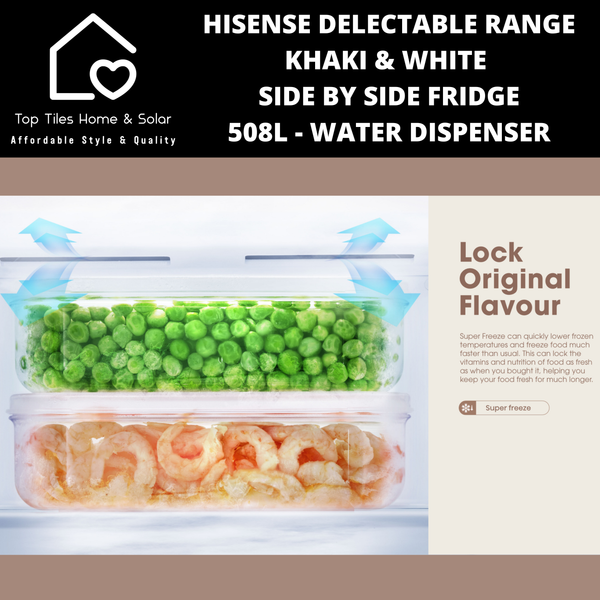 Hisense Delectable Range Khaki & White Side by Side Fridge - 508L Water Dispenser