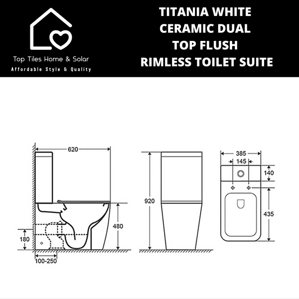 Titania White Ceramic Dual Top Flush Rimless Toilet Suite