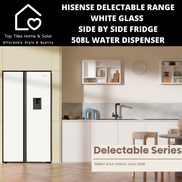 Hisense Delectable Range White Glass Side by Side Fridge - 508L Water Dispenser