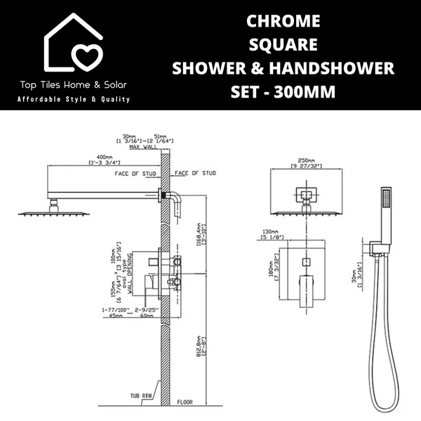 Chrome Square Shower & Handshower Set - 300mm