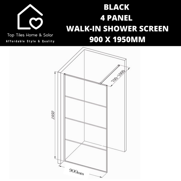 Black 4 Panel Walk-In Shower Screen - 900 x 1950mm