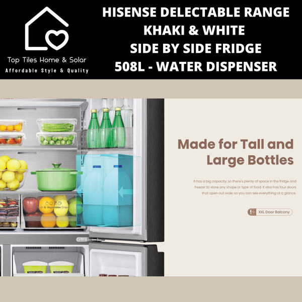 Hisense Delectable Range Khaki & White Side by Side Fridge - 508L Water Dispenser