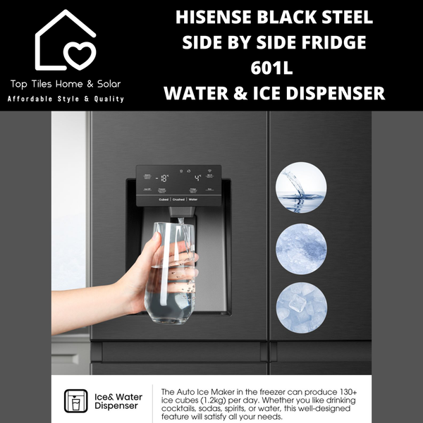 Hisense Black Steel Smart Side By Side Fridge  - 601L Water & Ice Dispenser