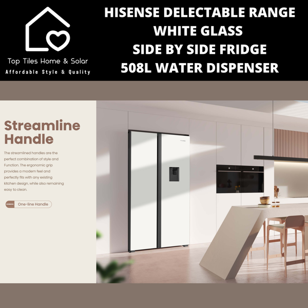 Hisense Delectable Range White Glass Side by Side Fridge - 508L Water Dispenser