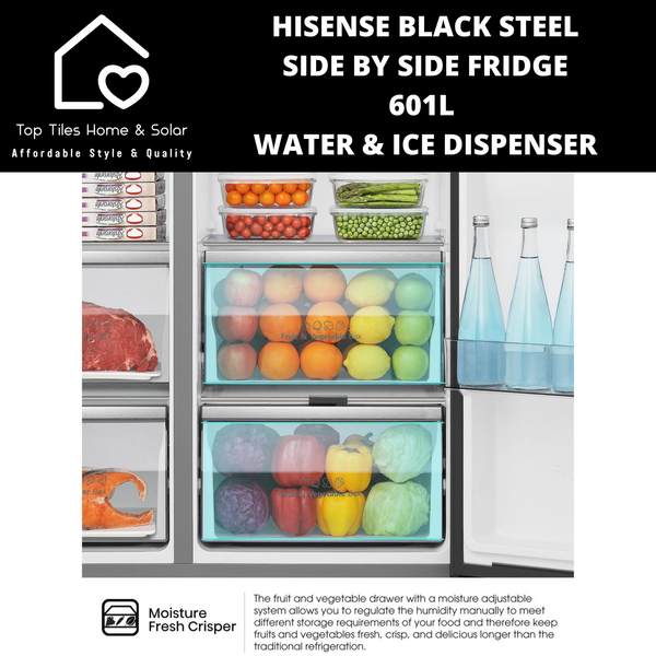 Hisense Black Steel Smart Side By Side Fridge  - 601L Water & Ice Dispenser