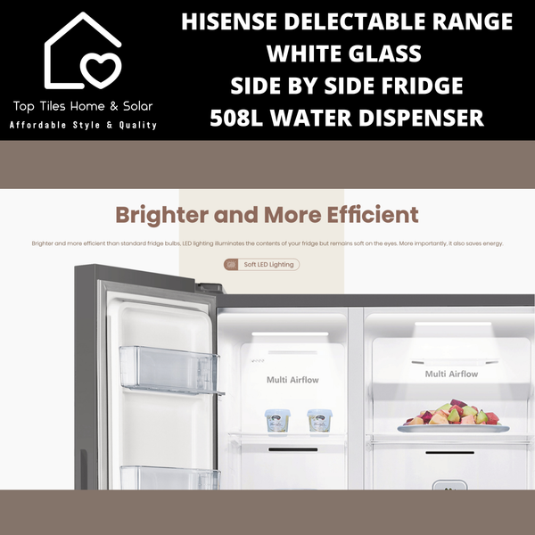 Hisense Delectable Range White Glass Side by Side Fridge - 508L Water Dispenser