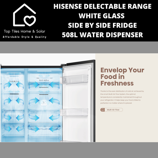 Hisense Delectable Range White Glass Side by Side Fridge - 508L Water Dispenser