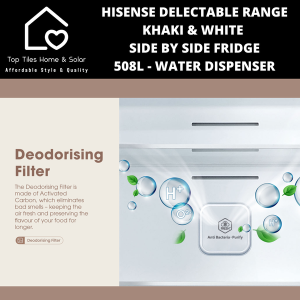 Hisense Delectable Range Khaki & White Side by Side Fridge - 508L Water Dispenser