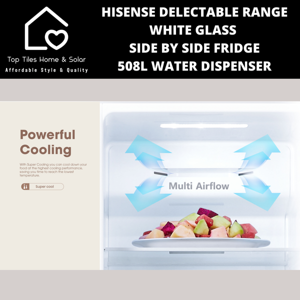 Hisense Delectable Range White Glass Side by Side Fridge - 508L Water Dispenser