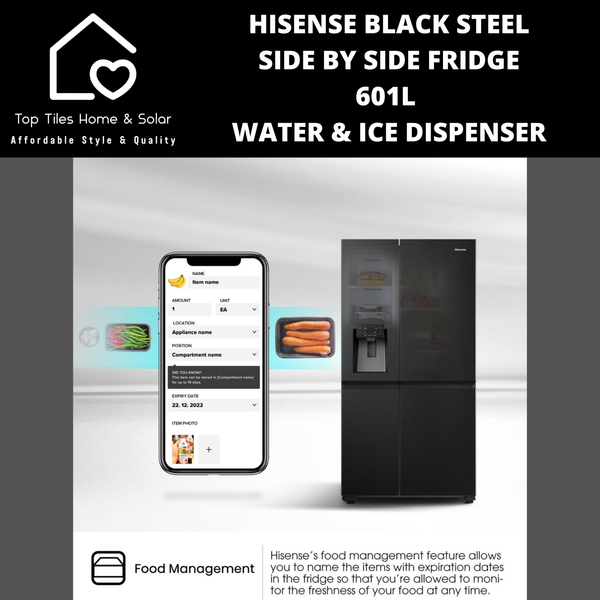 Hisense Black Steel Smart Side By Side Fridge  - 601L Water & Ice Dispenser