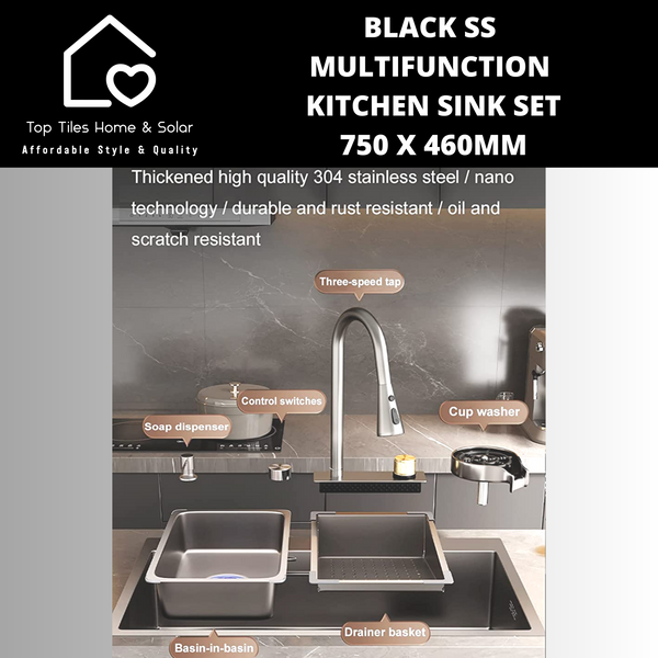 Black Stainless Steel  Multifunction Kitchen Sink Set - 750 x 460mm