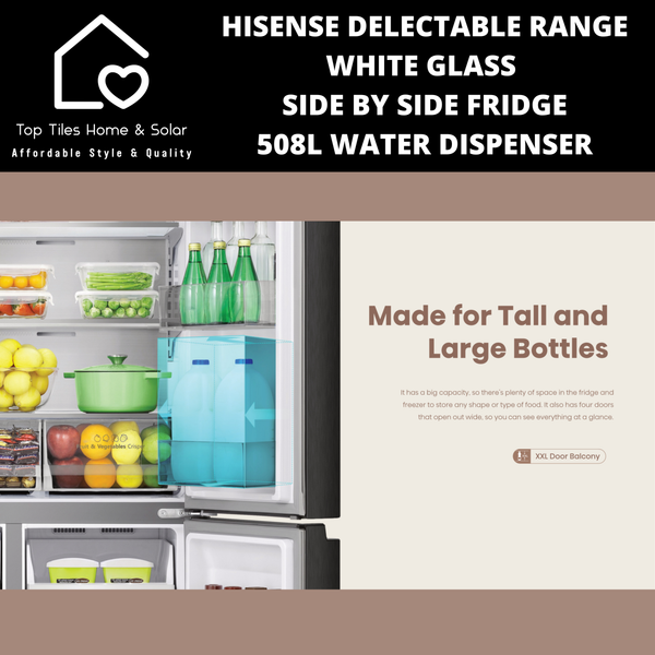 Hisense Delectable Range White Glass Side by Side Fridge - 508L Water Dispenser