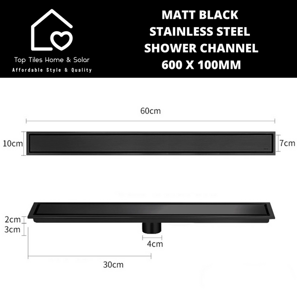 Matt Black Stainless Steel Shower Channel - 600 x 100mm