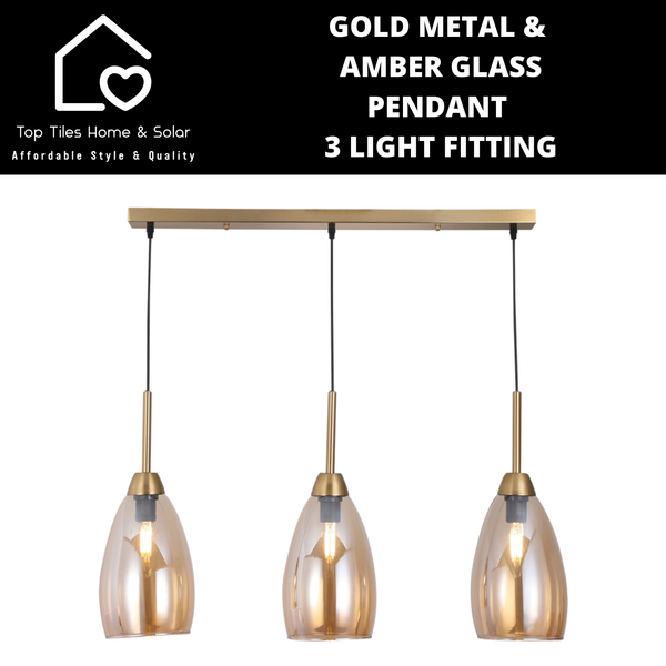 Gold Metal & Amber Glass Pendant 3Light Fitting