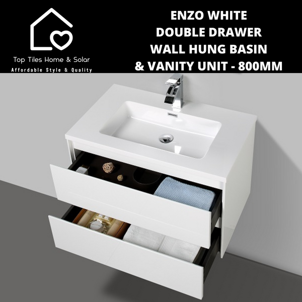 Enzo White Double Drawer Wall Hung Basin & Vanity Unit - 800mm