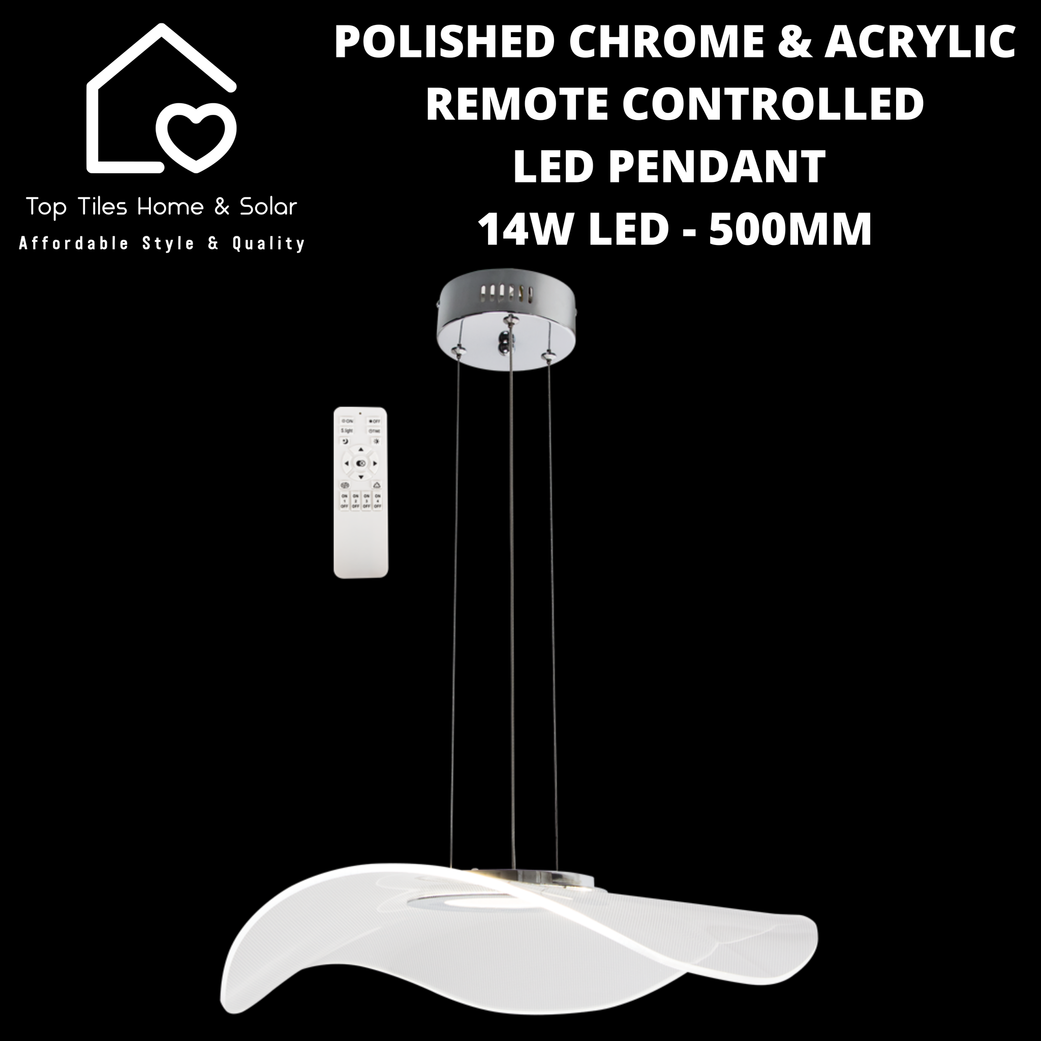 Polished Chrome & Acrylic Remote Controlled LED Pendant - 14W LED - 500mm