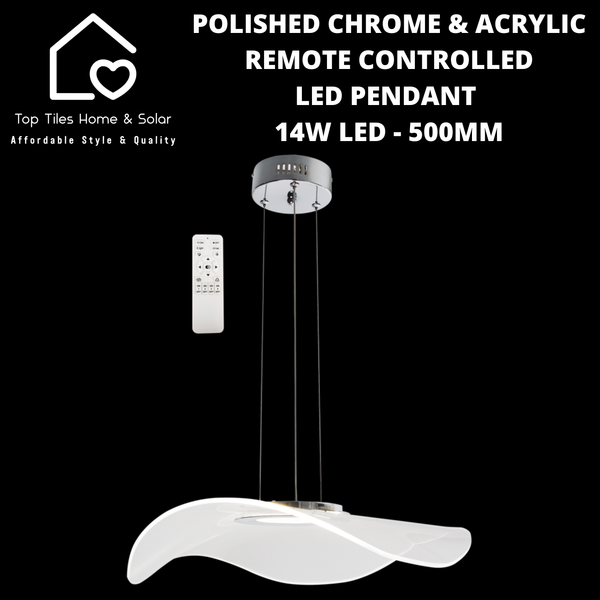 Polished Chrome & Acrylic Remote Controlled LED Pendant - 14W LED - 500mm