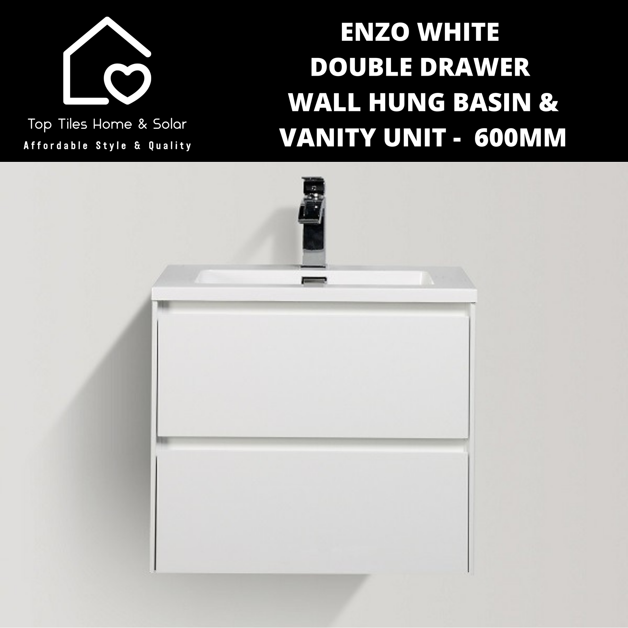 Enzo White Double Drawer Wall Hung Basin & Vanity Unit -  600mm