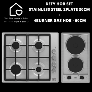 Defy Hob Set - Stainless Steel 2Plate Solid 30cm + 4Burner Gas Hob - 60cm