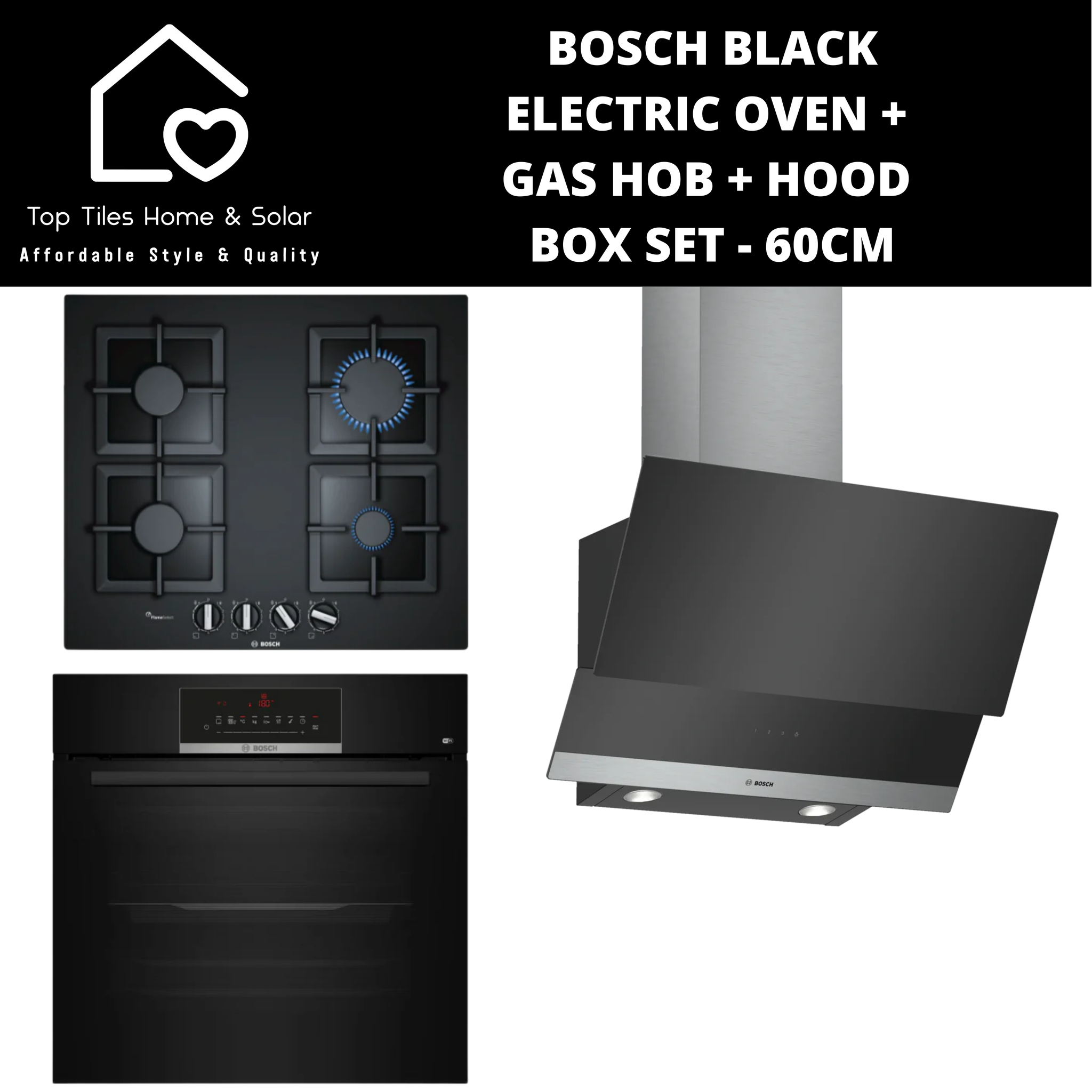 Bosch Black - Electric Oven + Gas Hob + Hood Box Set - 60cm