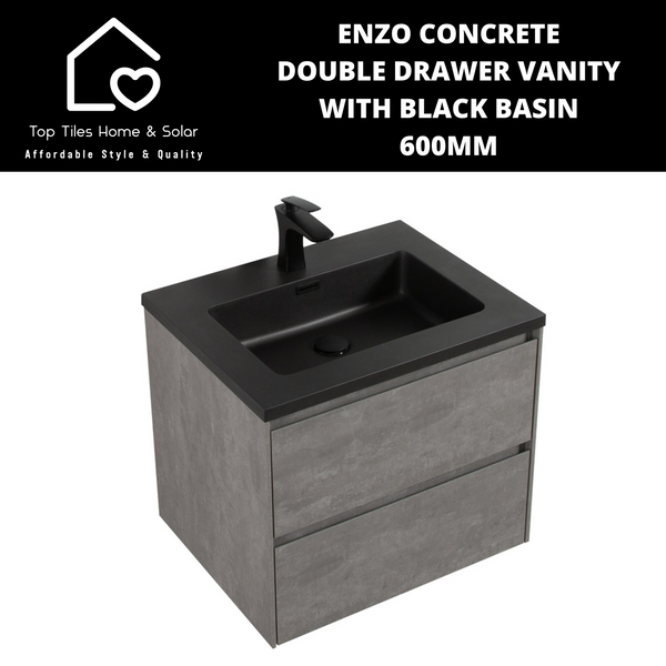 Enzo Concrete Double Drawer Vanity With Black Basin - 600mm