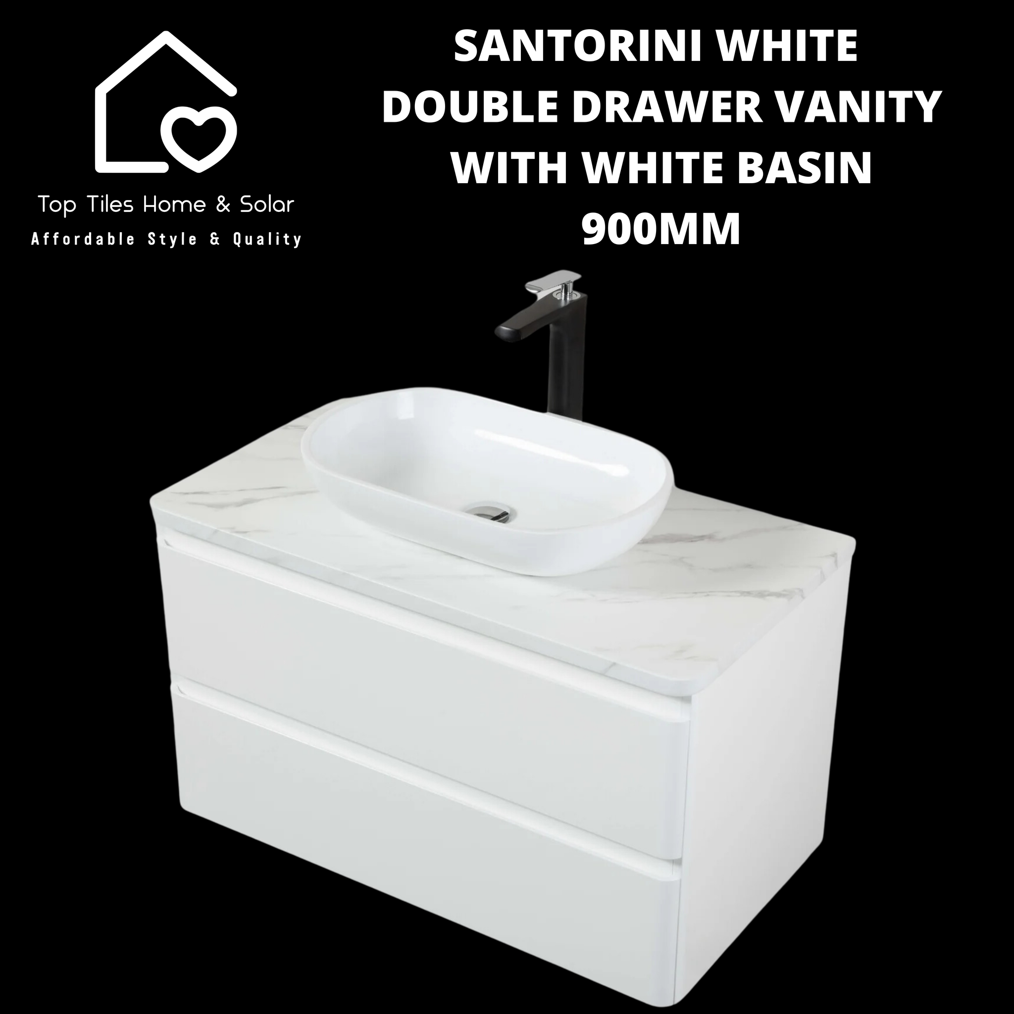 Santorini White Double Drawer Vanity With White Basin - 900mm