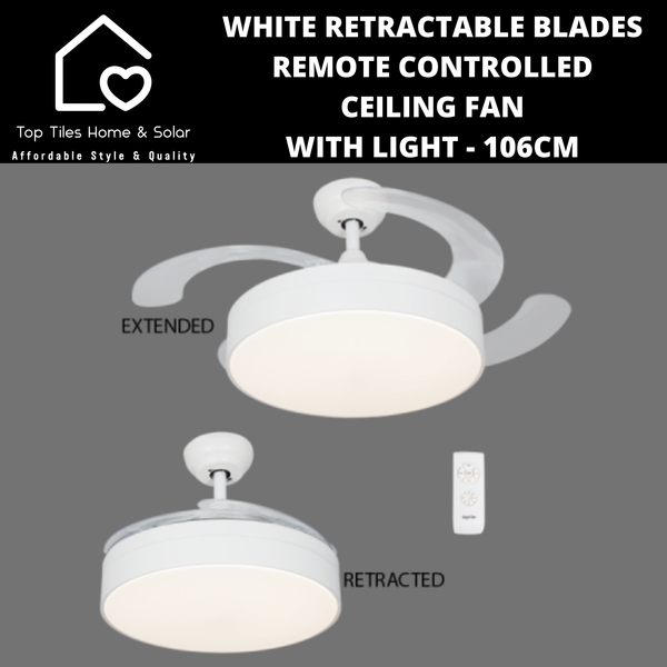 White Retractable Blades Remote Controlled Ceiling Fan with Light - 106cm