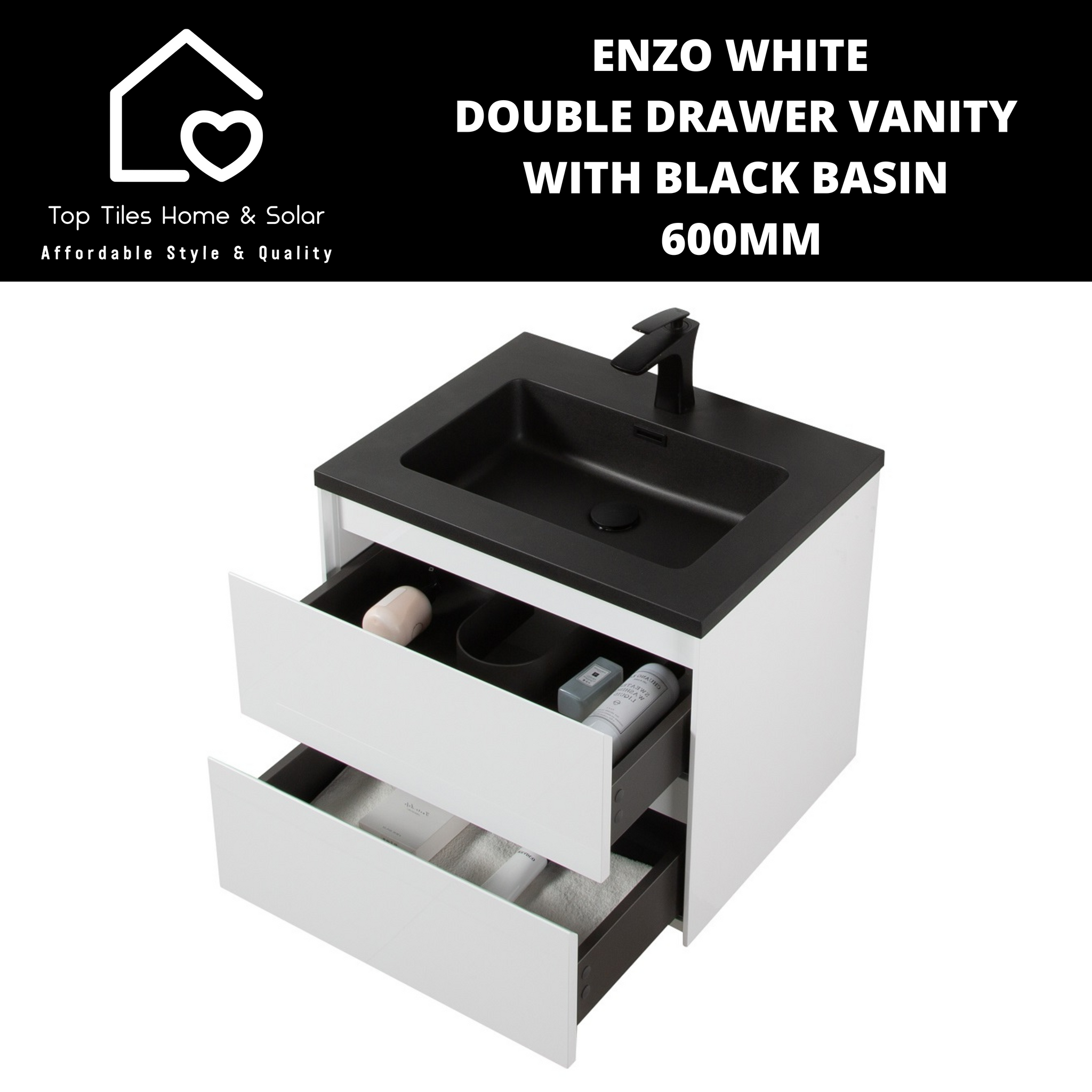 Enzo White Double Drawer Vanity With Black Basin -  600mm