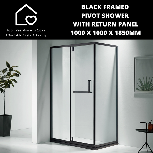 Black Framed Pivot Shower With Return Panel - 1000 x 1000 x 1850mm