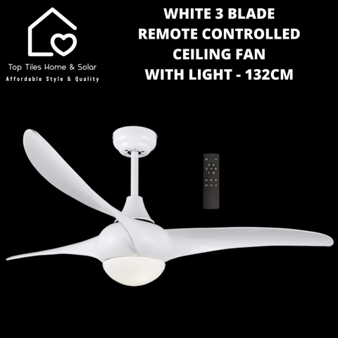 White 3 Blade Remote Controlled Ceiling Fan with Light - 132cm