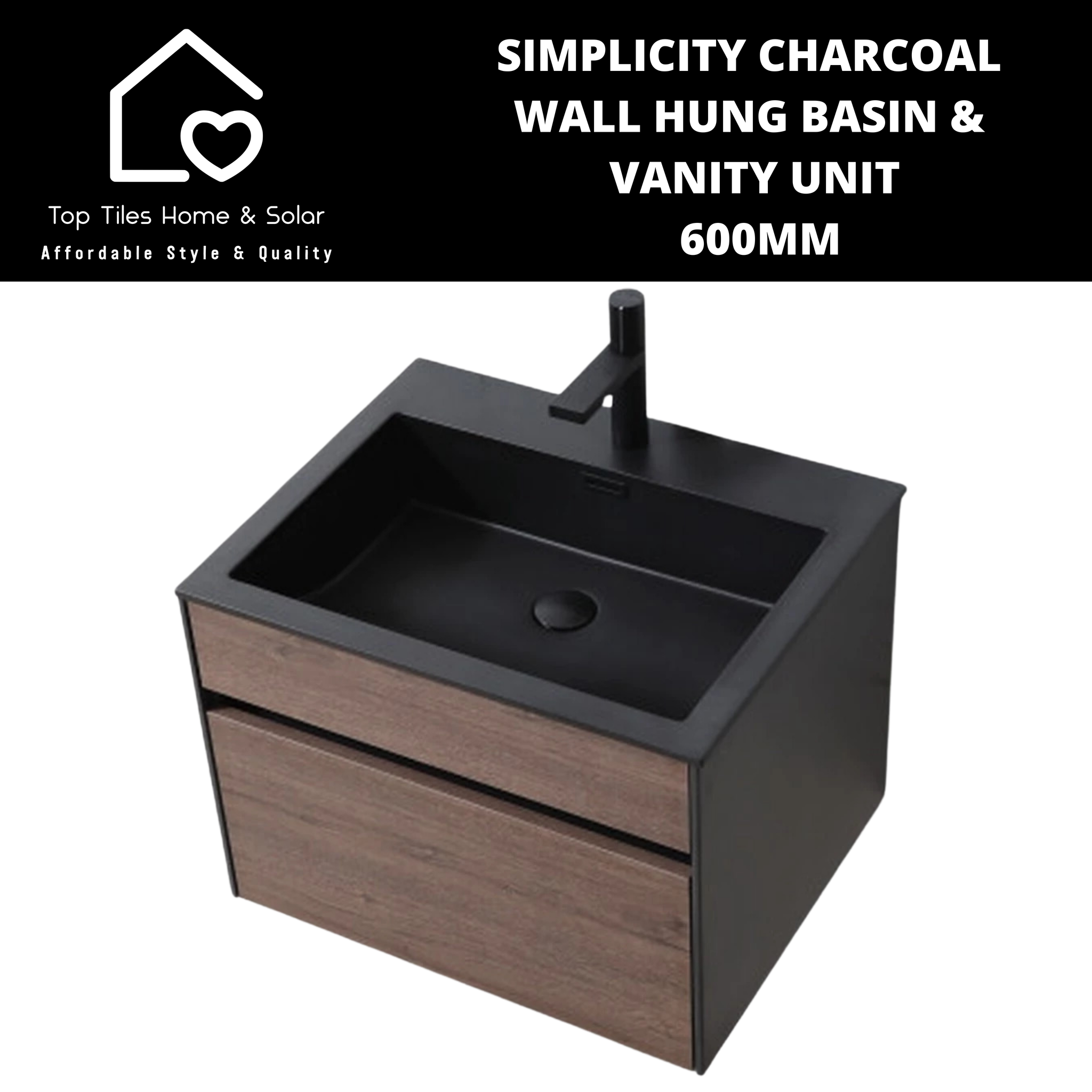 Simplicity Charcoal Wall Hung Basin & Vanity Unit - 600mm