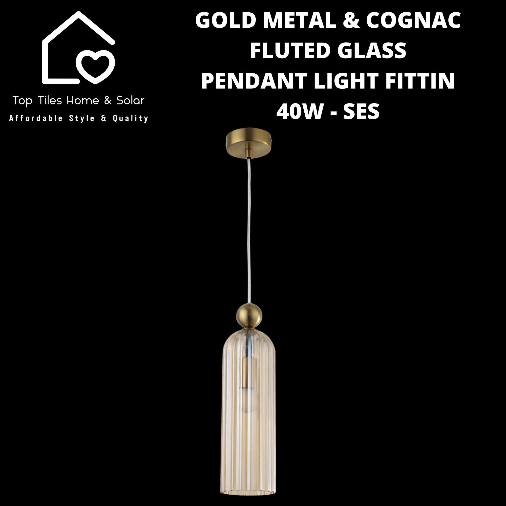 Gold Metal & Cognac Fluted Glass Pendant Light Fitting - 40 SES