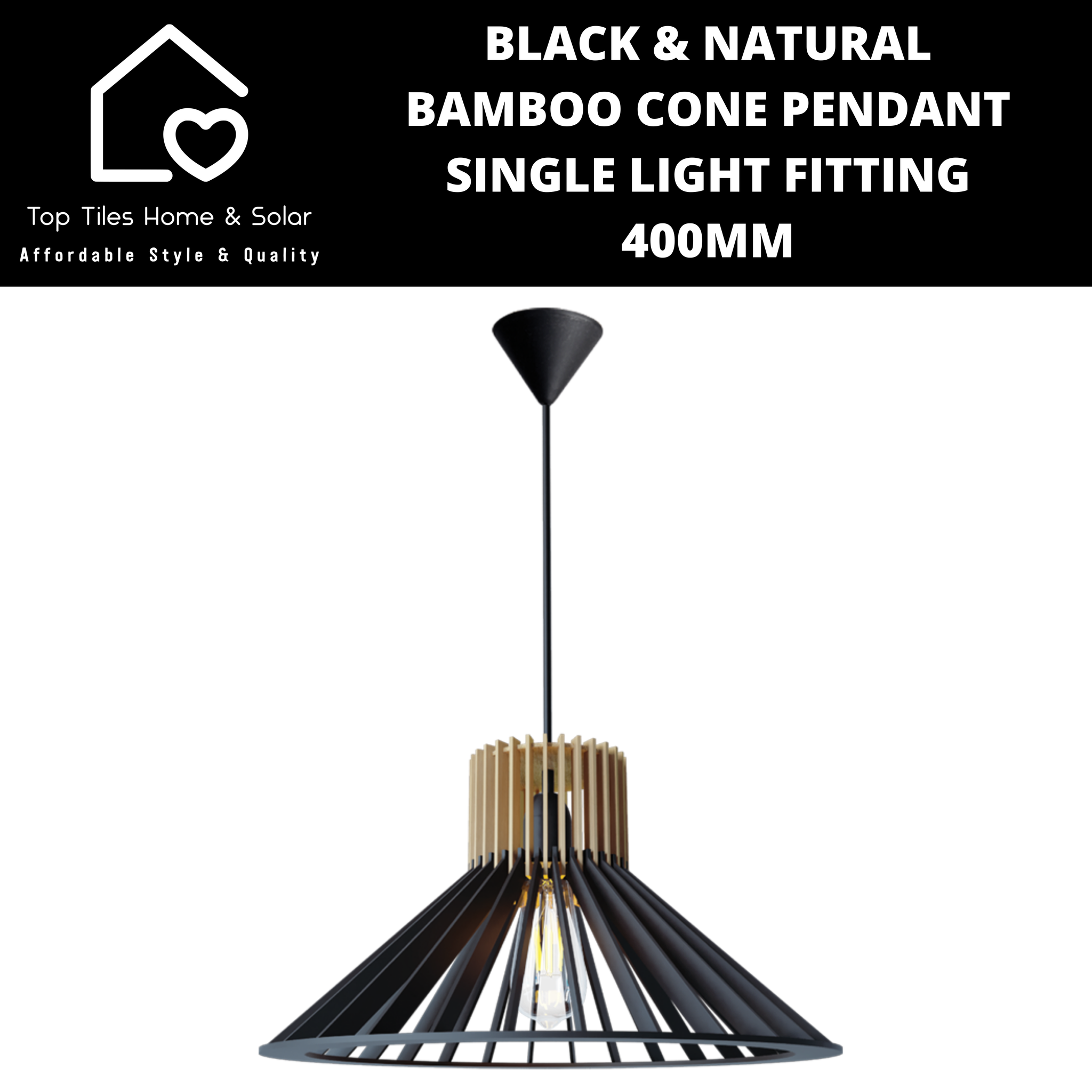 Black & Natural Bamboo Cone Pendant Single Light Fitting - 400mm