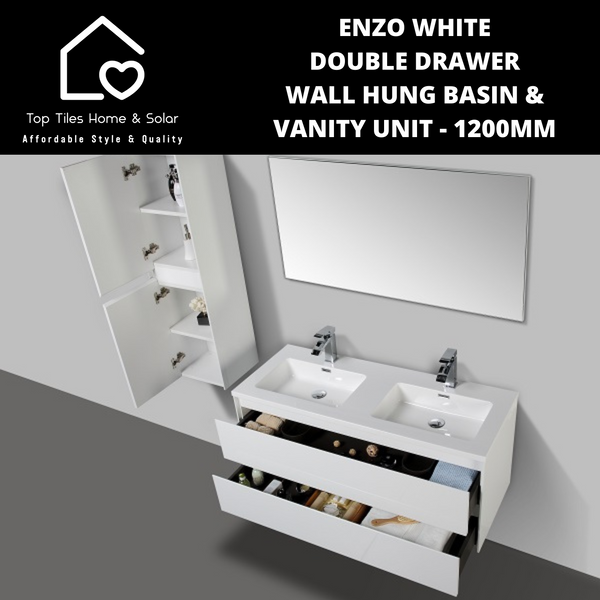 Enzo White Double Drawer Wall Hung Basin & Vanity Unit - 1200mm