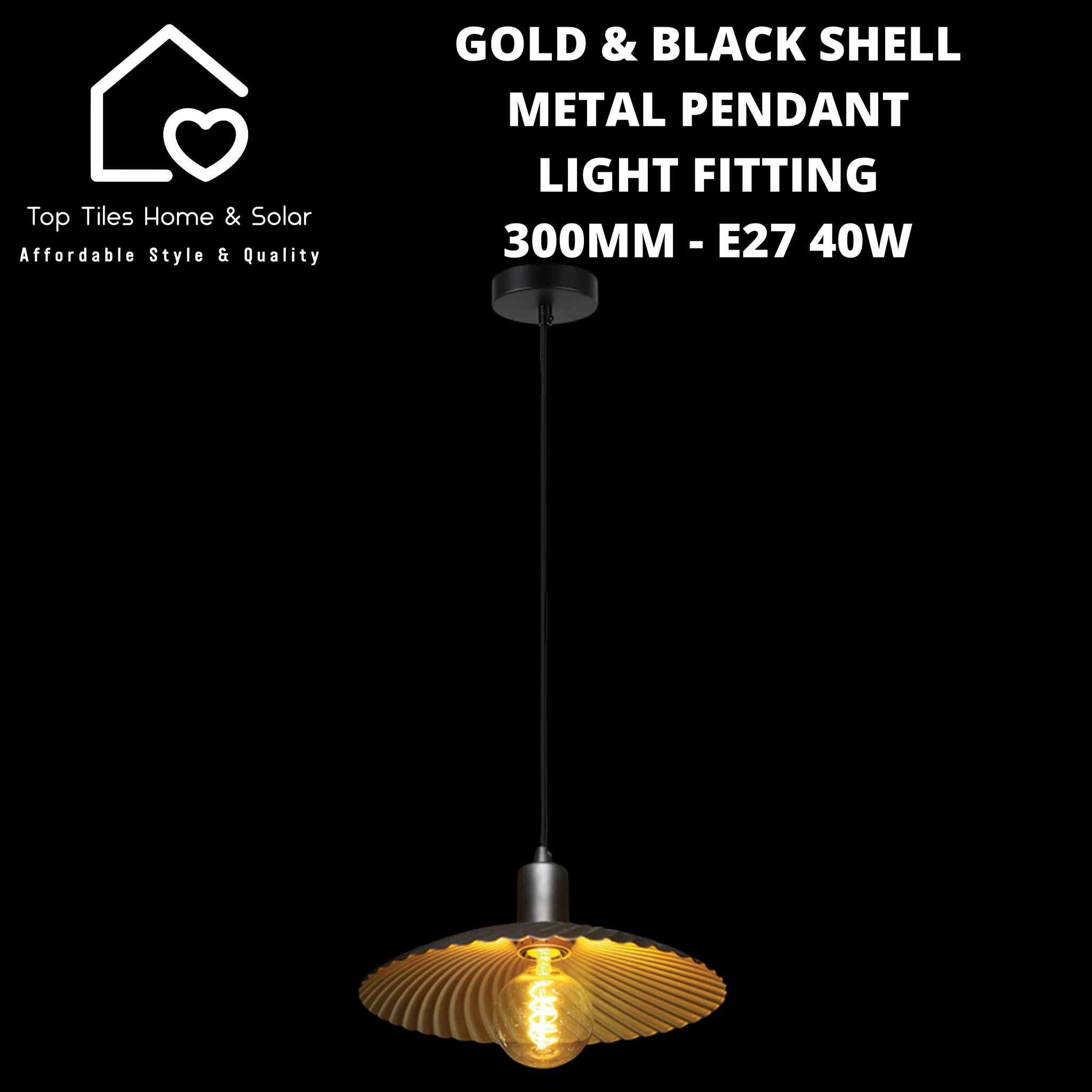 Gold & Black Shell Metal Pendant Light Fitting - 300mm - E27 40W