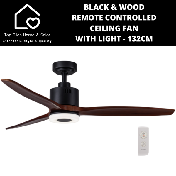 Black & Wood Remote Controlled Ceiling Fan with Light - 132cm