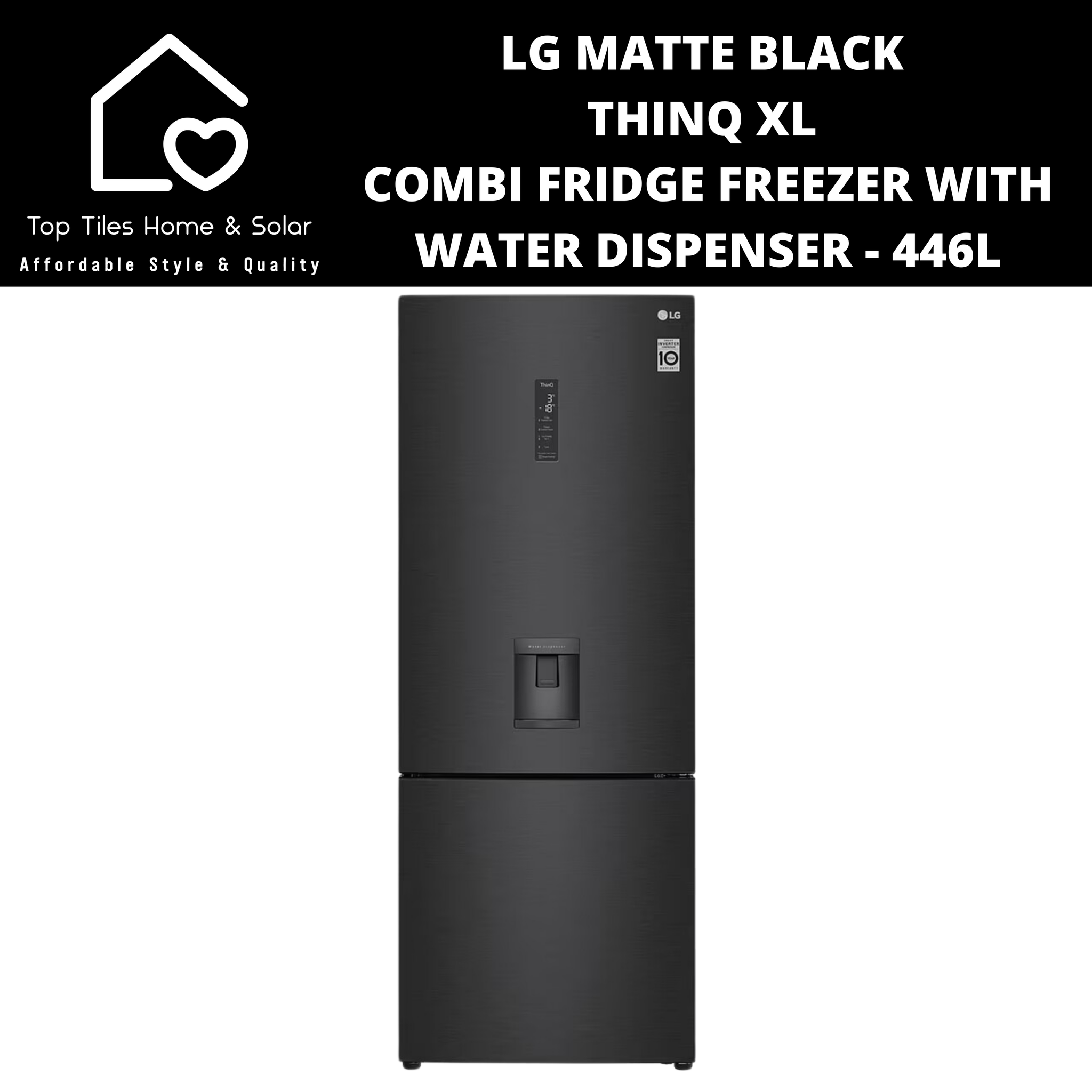 LG Matte Black ThinQ XL Combi Fridge Freezer with Water Dispenser - 446L