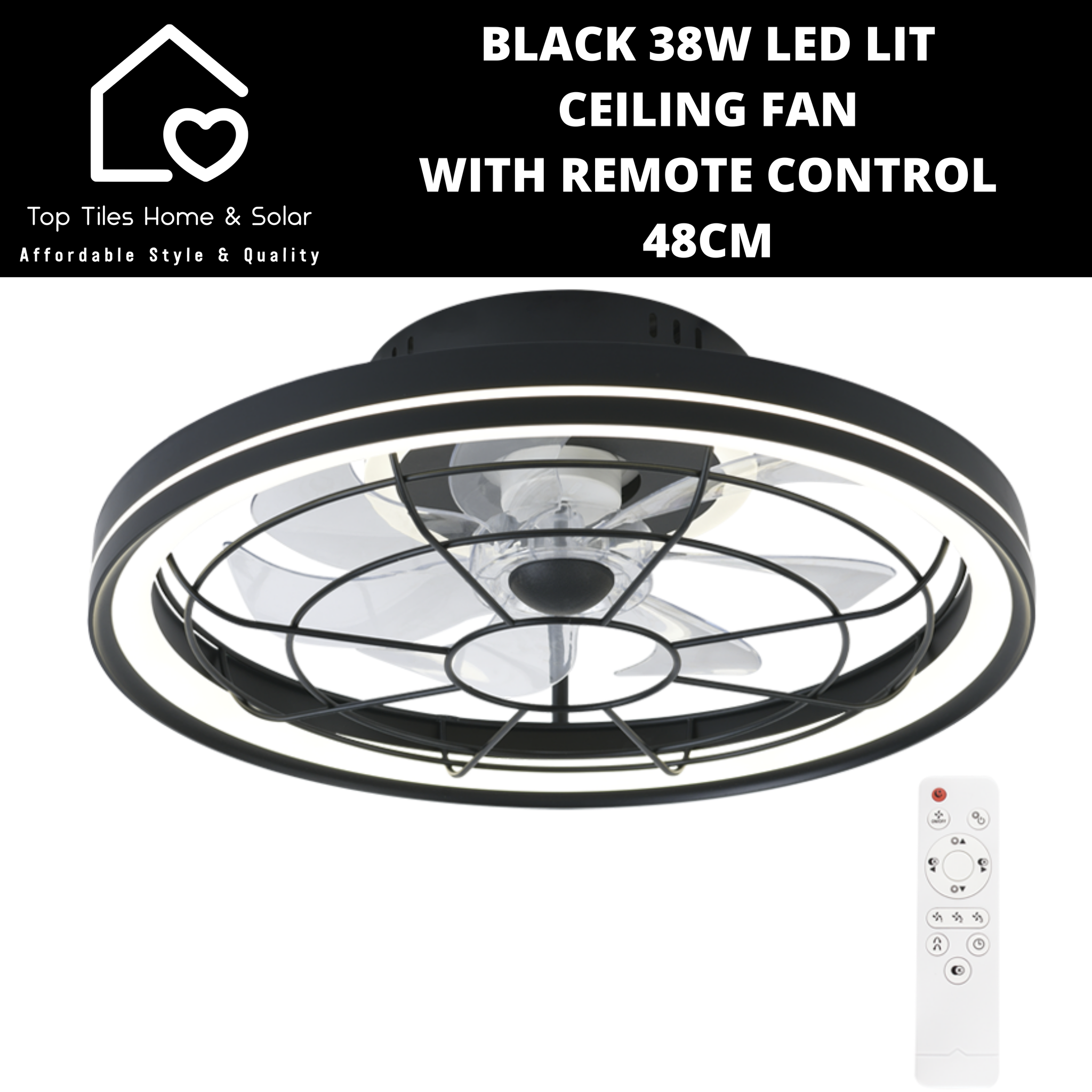 Black 38W LED Lit Ceiling Fan with Remote Control - 48cm