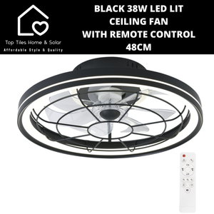 Black 38W LED Lit Ceiling Fan with Remote Control - 48cm