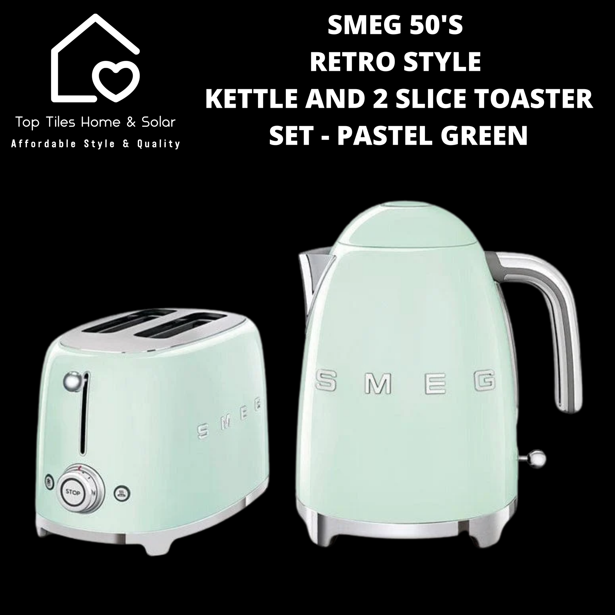 Smeg 50's Retro Style Kettle and 2 Slice Toaster Set - Pastel Green