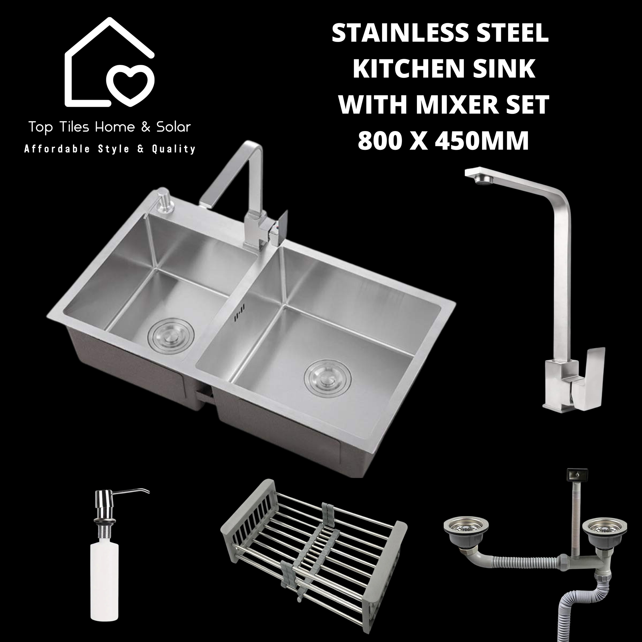 Stainless Steel Double Bowl Kitchen Sink with Mixer Set - 800 x 450mm