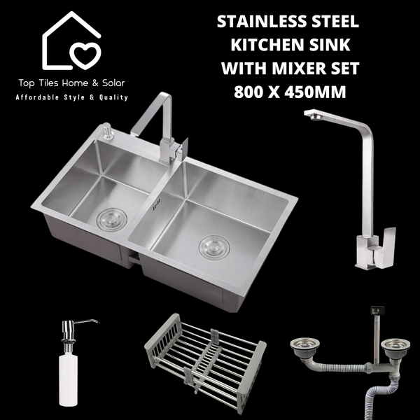 Stainless Steel Double Bowl Kitchen Sink with Mixer Set - 800 x 450mm