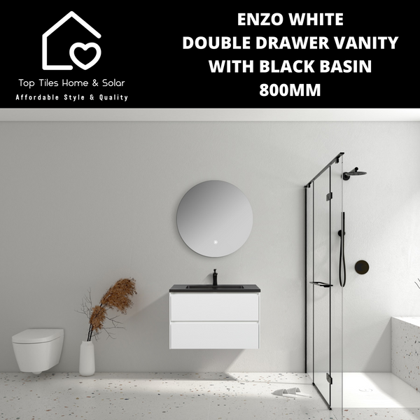 Enzo White Double Drawer Vanity With Black Basin - 800mm