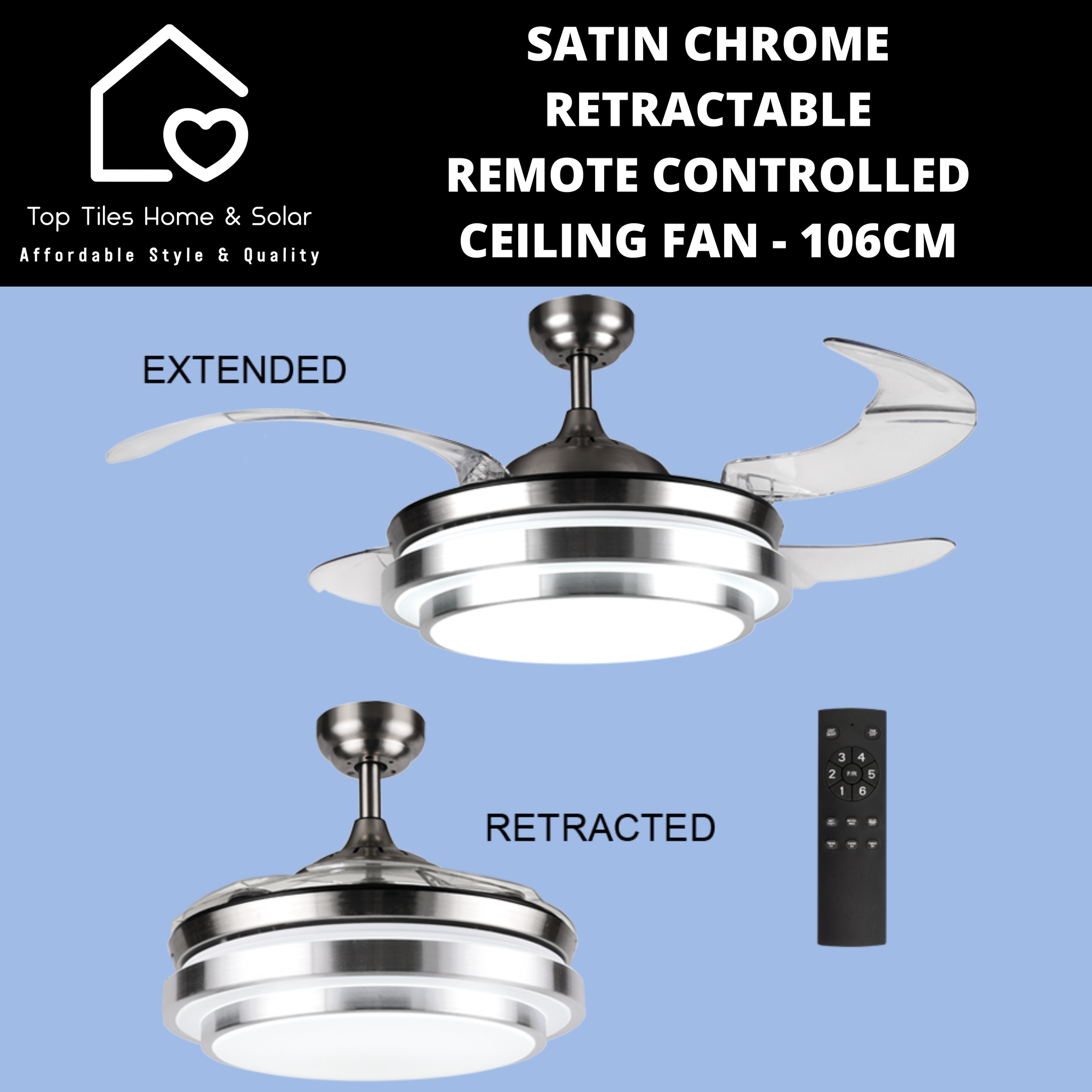 Satin Chrome Retractable Remote Controlled Ceiling Fan - 106cm