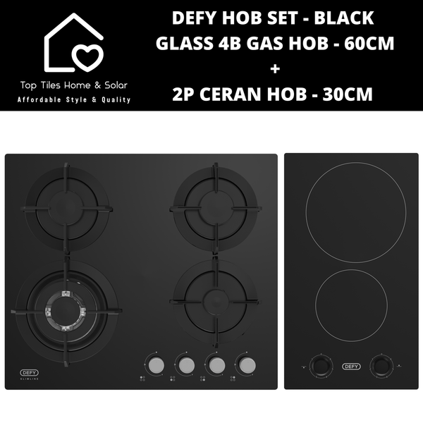 Defy Hob Set - Black Glass 4B Gas Hob - 60cm + 2P Ceran - 30cm