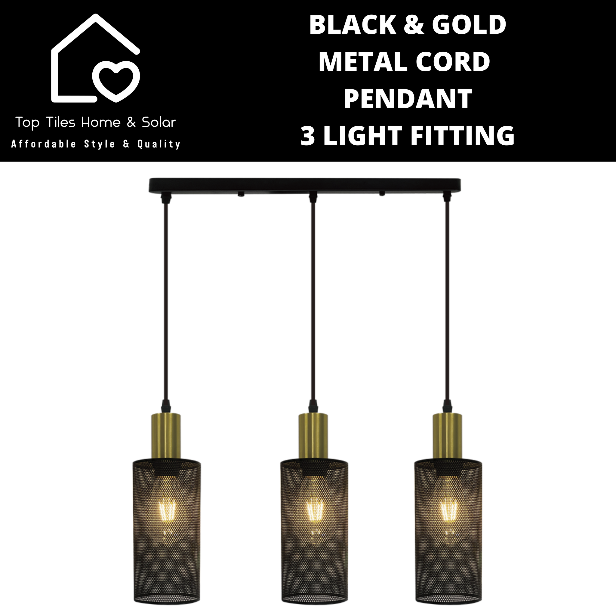 Black & Gold Metal Cord Pendant 3 Light Fitting