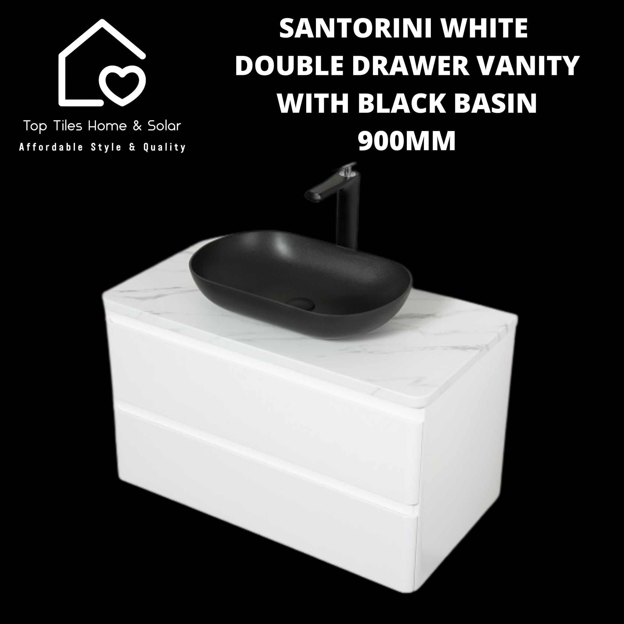 Santorini White Double Drawer Vanity With Black Basin - 900mm