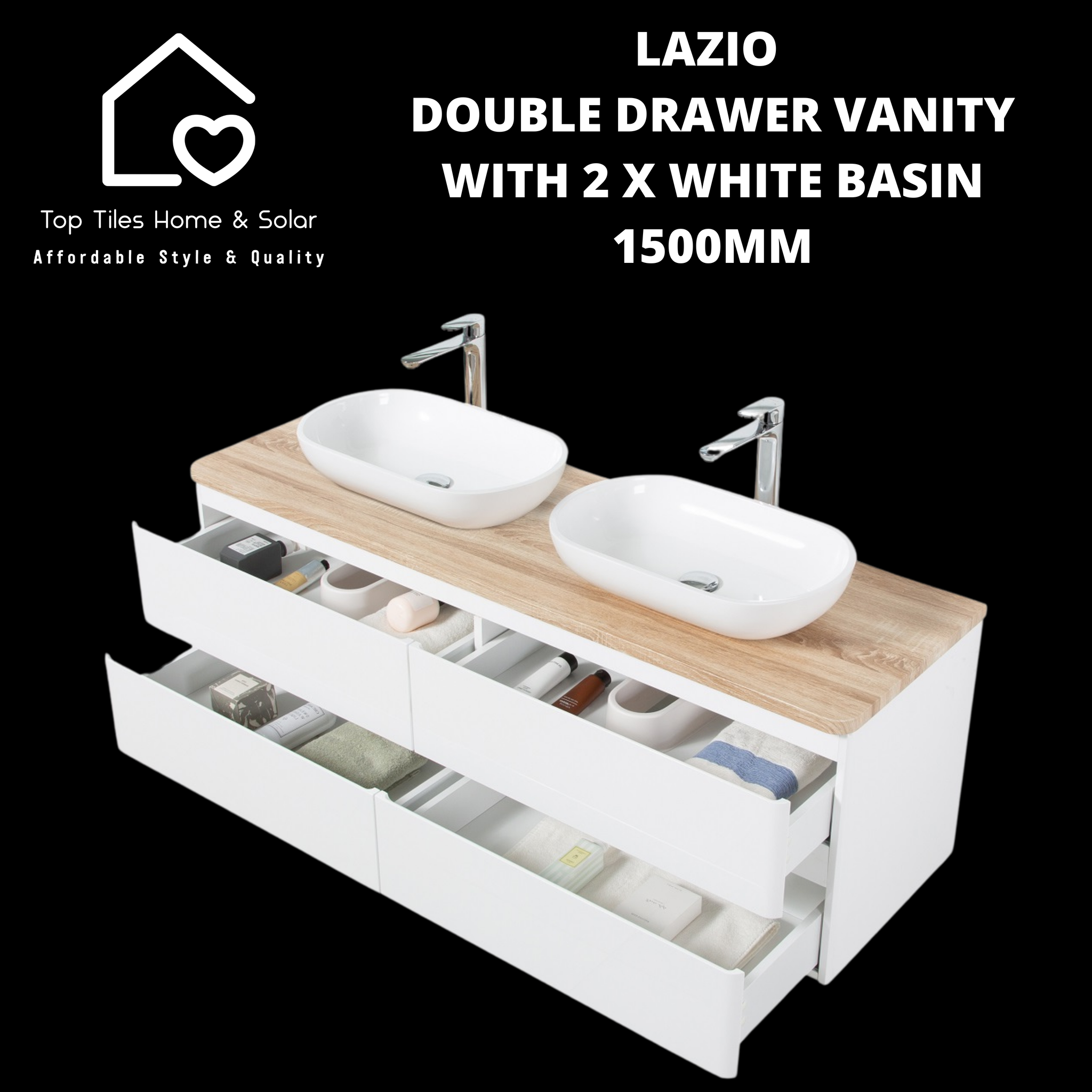 Lazio Double Drawer Vanity With 2 White Basin - 1500mm